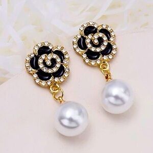 Faux Pearl Black Camelia Goth Lolita Royalcore Vamp Drop Earrings